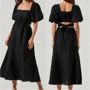 Astr The Label Black Cutout Puff Sleeve Linen Blend Midi Dress Size XS